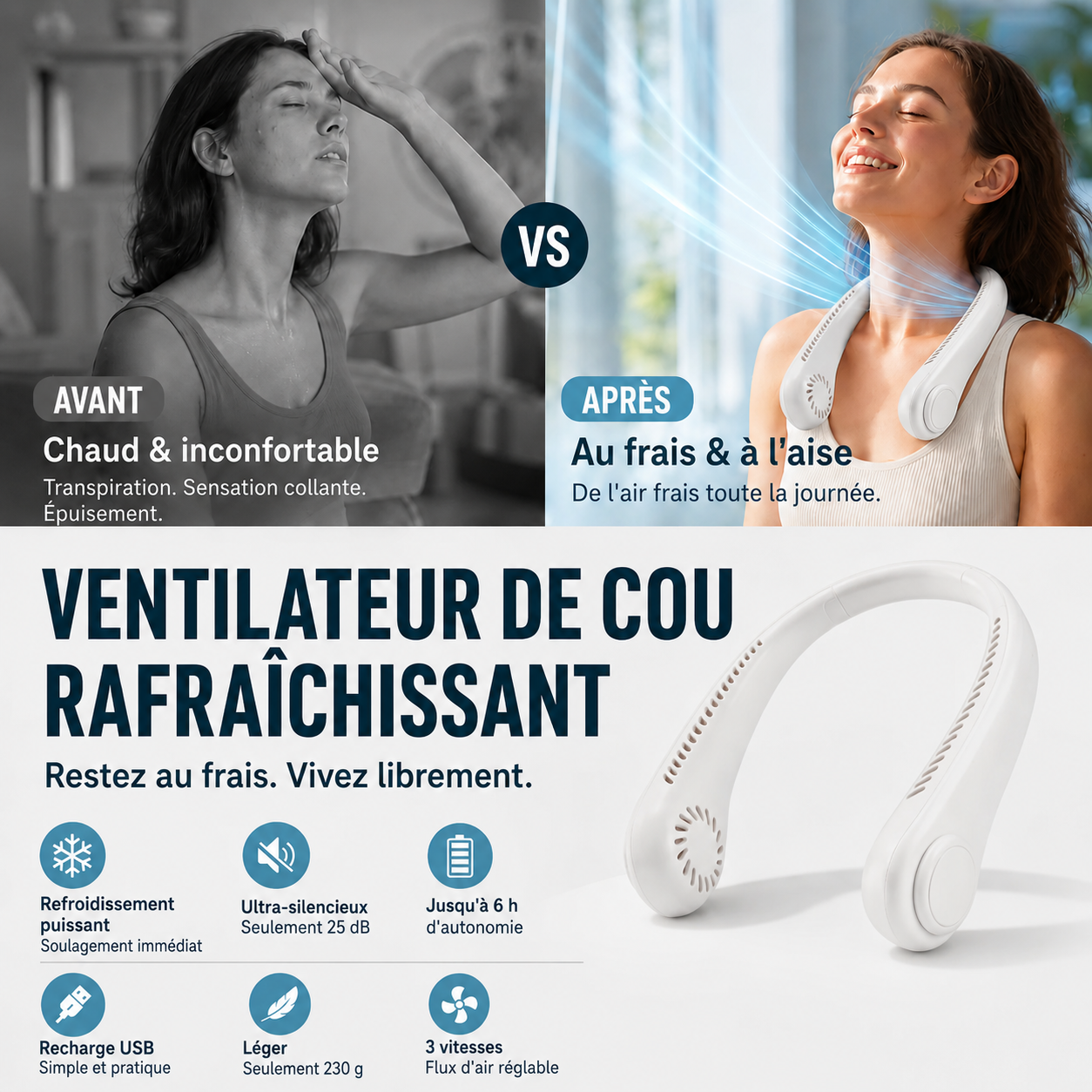 🇫🇷Dernier jour – 80 % de réduction 🔥 🍃 Ventilateur de cou portable sans pales – Refroidissement silencieux à 360° pour l’été, les voyages et les activités en plein air